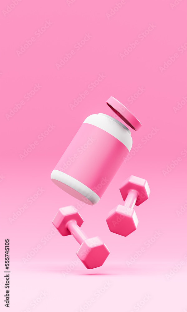 Dumbbells and a pot of pills floating in space on a pink background 3d render Dumbbells and a pot of pills floating in space on a pink background 3d render