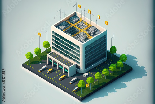 5G is a new kind of wifi connection. Concept for an intelligent building or smart city in isometric form. An example of building automation using computer networking. Generative AI