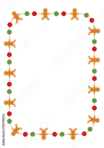 Christmas frame with gingerbread person decorations. Xmas decorative border isolated on white background. Size A4. Vector illustration.