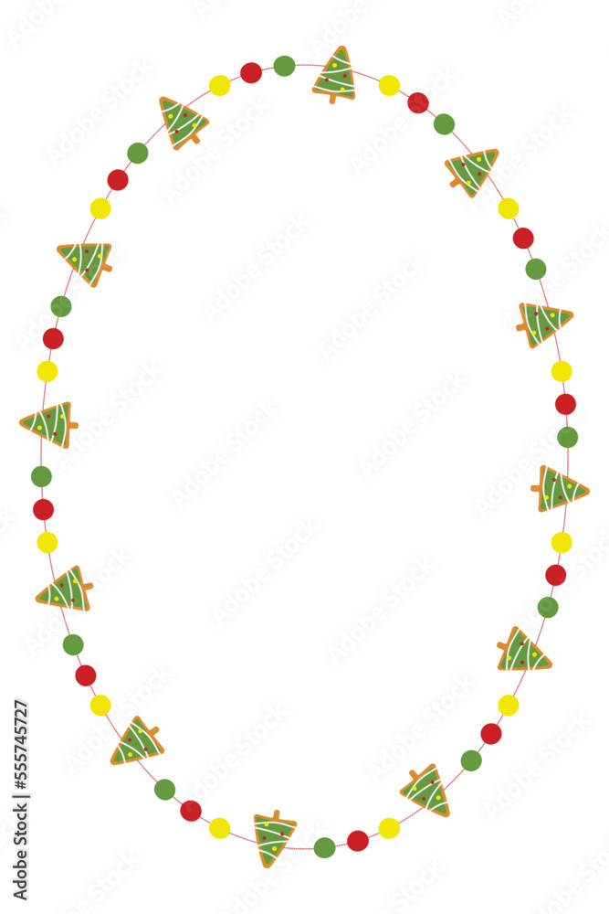 Christmas frame with gingerbread Xmas tree decorations. Oval Xmas decorative border isolated on white background. Vector illustration.