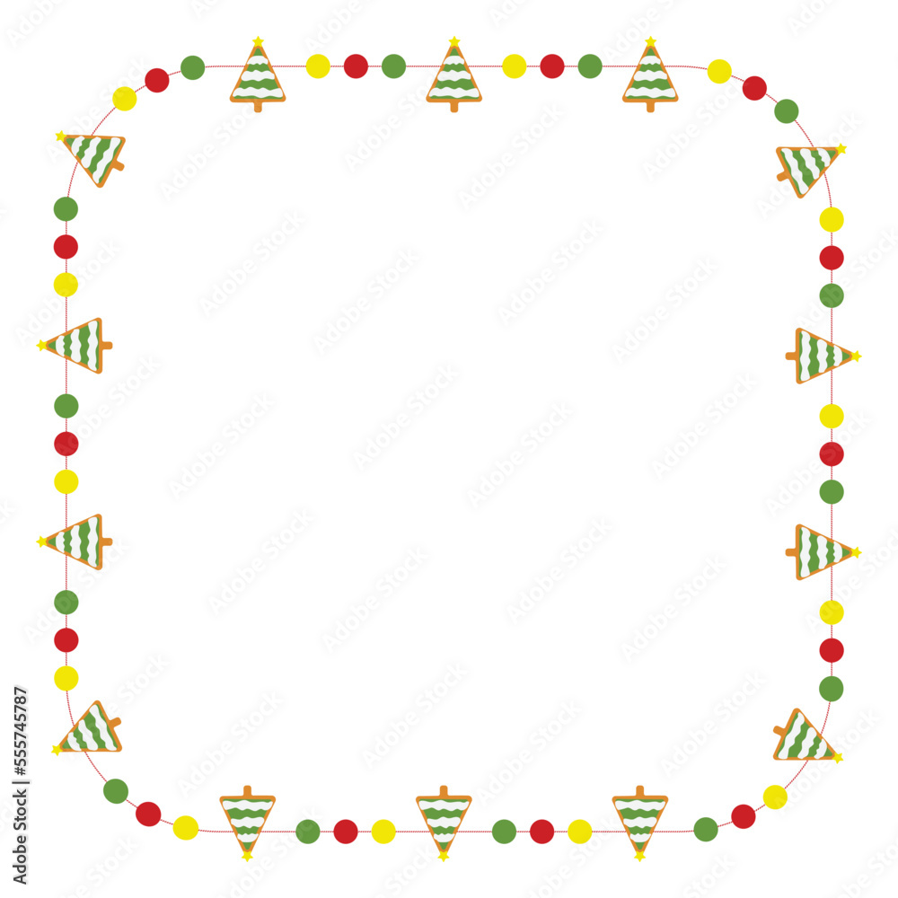 Christmas frame with gingerbread Xmas tree decorations. Square Xmas decorative border isolated on white background. Vector illustration. Christmas frame with gingerbread Xmas tree decorations. Square Xmas decorative border isolated on white background. Vector illustration.
