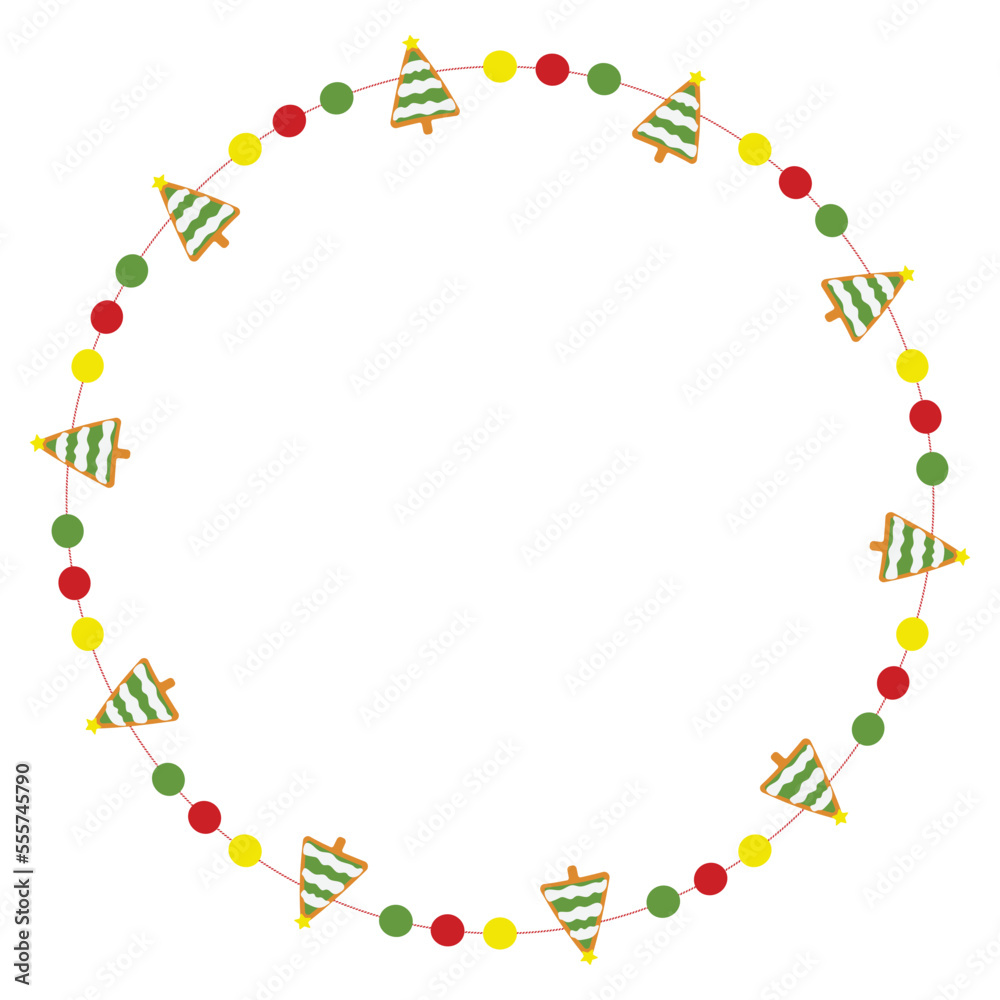 Christmas frame with gingerbread xmas tree decorations. Round Xmas decorative border isolated on white background. Vector illustration. Christmas frame with gingerbread xmas tree decorations. Round Xmas decorative border isolated on white background. Vector illustration.