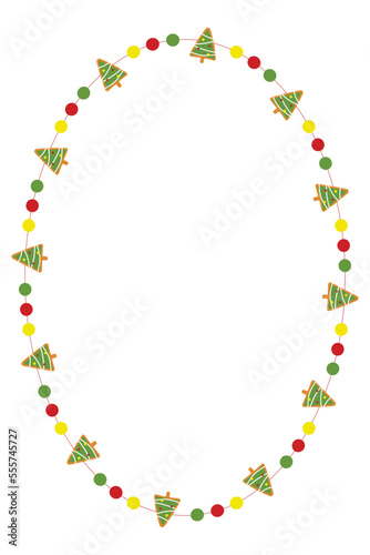 Fototapeta Naklejka Na Ścianę i Meble -  Christmas frame with gingerbread Xmas tree decorations. Oval Xmas decorative border isolated on white background. Vector illustration.