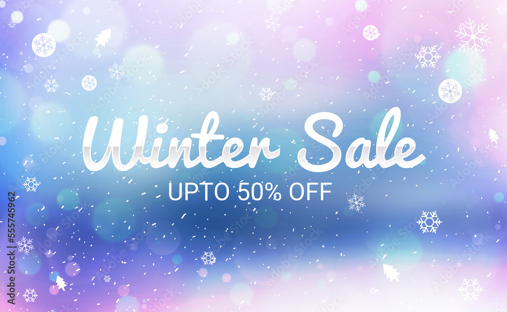Winter Sale banner design with white snowflakes and snowstorm background design. Fifty percent off concept backdrop