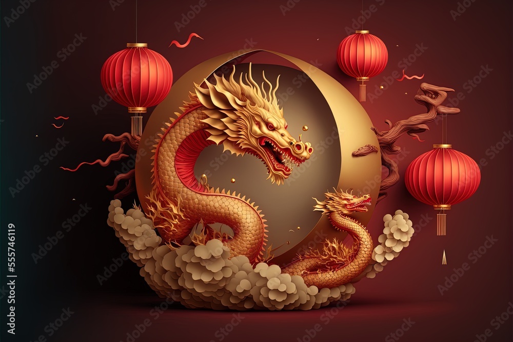 Golden chinese dragon with paper lanterns on red Stock Illustration | Adobe  Stock