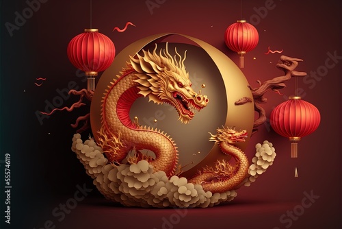 Golden chinese dragon with paper lanterns on red