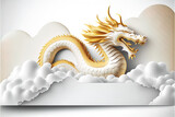Golden chinese dragon with paper clouds on yellow