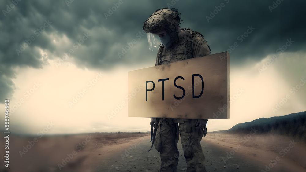soldier holding wooden sign with letters PTSD for post traumatic stress ...