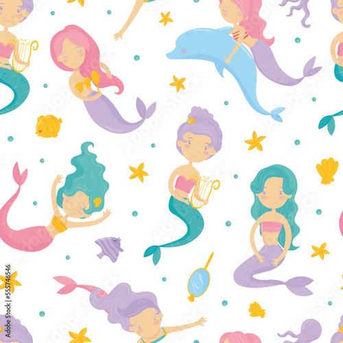 Mermaid Seamless Pattern with Cute Swimming Girl with Fish Tails Vector Template
