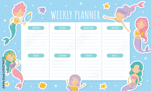 Mermaid Weekly Planner with Cute Swimming Girl with Fish Tails Vector Template