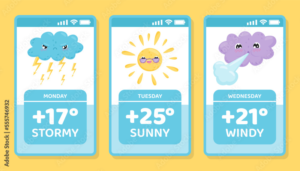 Obraz premium Cute Weather Screen with Sun and Cloud Vector Template