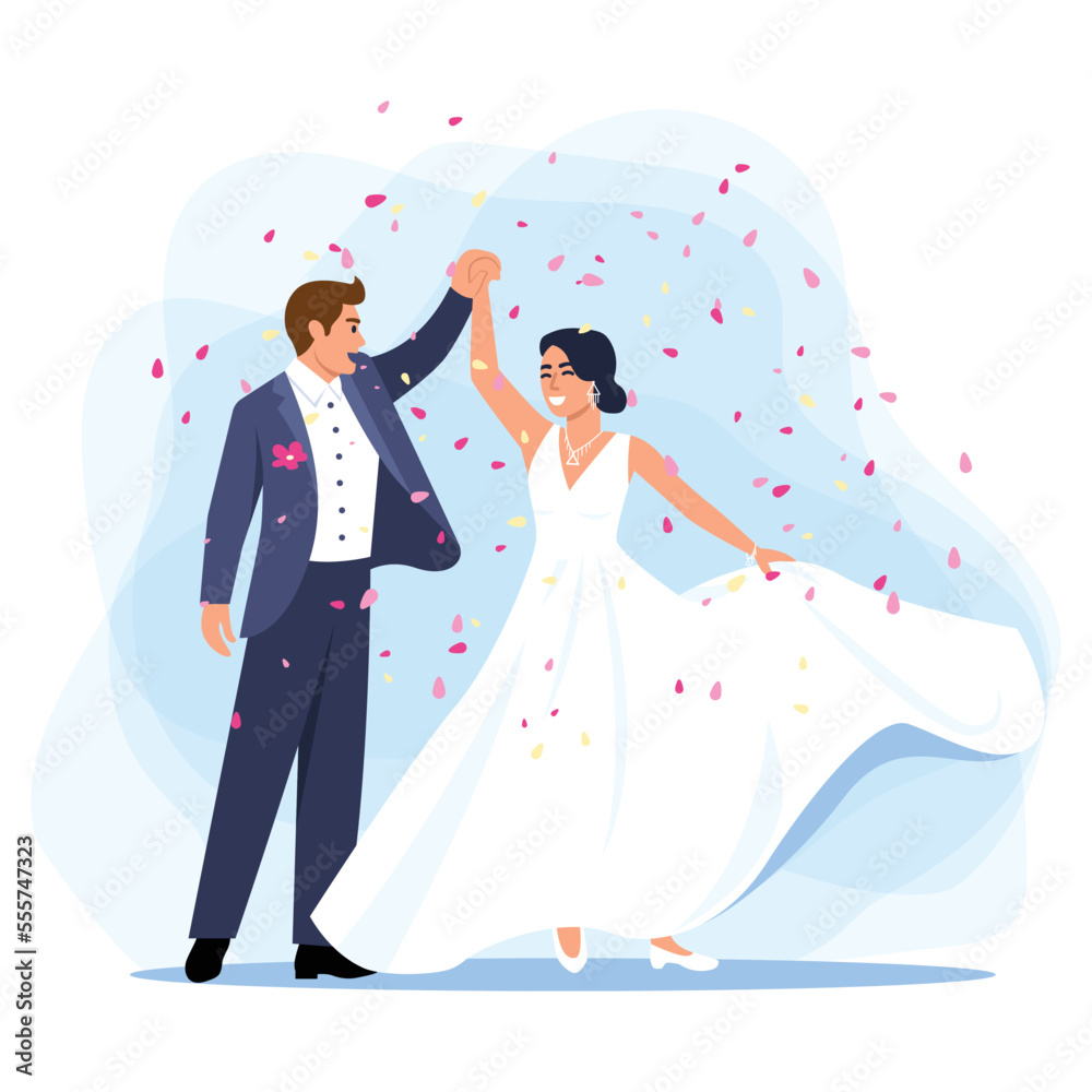 Vector illustration of newlyweds. Cartoon scene with a happy couple who just got married and became family and they are sprinkled with confetti on white background. Vector illustration of newlyweds. Cartoon scene with a happy couple who just got married and became family and they are sprinkled with confetti on white background.