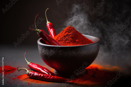 With a dark backdrop and selective focus, red chillies, lal mirchi, or mirch are placed in a bowl or mortar with powder. Generative AI photo