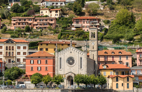 Fototapeta View on the Holy Trinity Church situated in Argegno village  on the shore of Lak