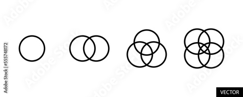 1, 2, 3, 4 overlapping circles venn diagram vector icons in line style design for website, app, UI, isolated on white background. Editable stroke. Vector illustration.