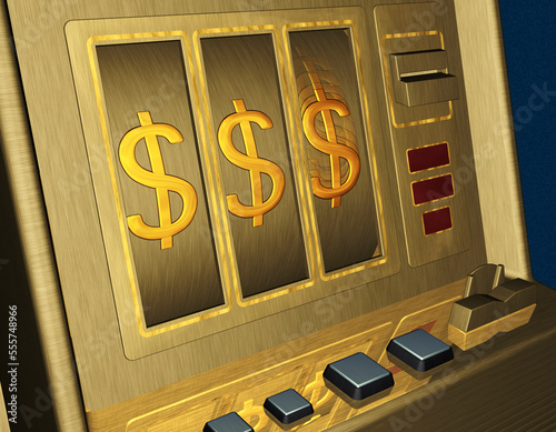 Close-Up of Gold Slot Machine With Row of Dollar Signs photo