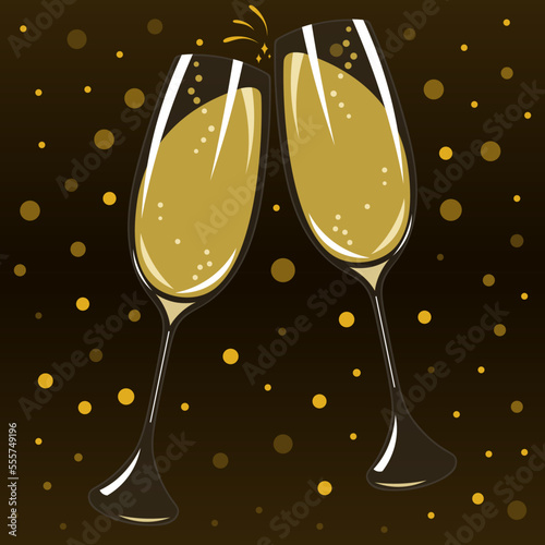 Champagne Glasses Clink Black Background Vector Illustration In Flat Style