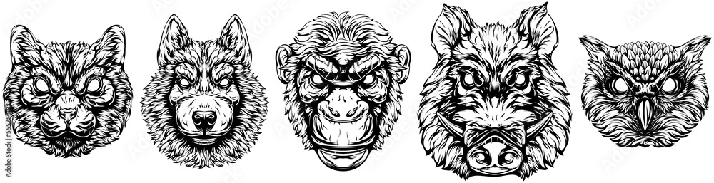 Black and white hand drawn face of monkey, cat, dog, owl, pig. Illustration mascot art. Black and white hand drawn face of monkey, cat, dog, owl, pig. Illustration mascot art.