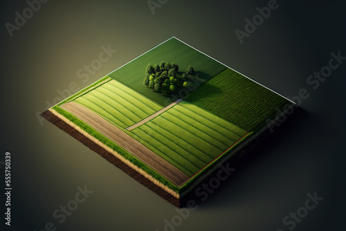 ground that has been planted with crops. consist of an overhead view of a ridge, a green field, and an agricultural plant. That is a plot of land that may be used for cultivation, ownership, sale, dev photo