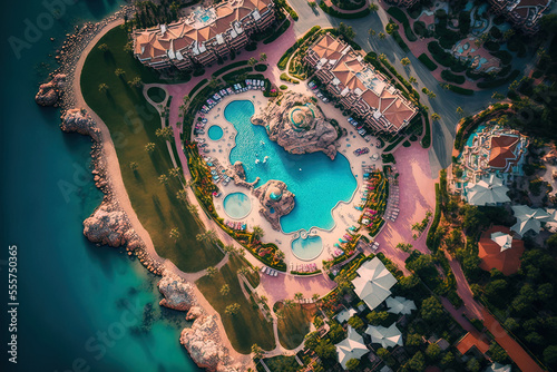 Hotels near an aquapark in Turkey. aerial picture of a vacation resort in Antalya, Turkey. Generative AI photo