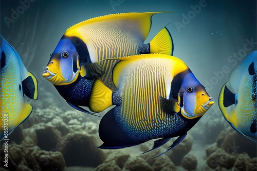 Threespot angelfish (Apolemichthys trimaculatus), panoramic water background. Generative AI
