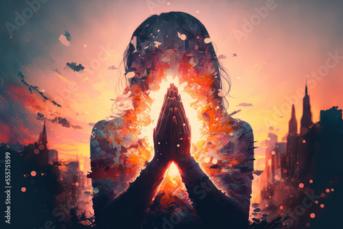 Photo girl's hands clasped in prayer and praise as the sun sets in a double exposure