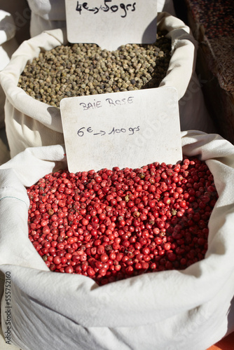 Bag of Red Peppercorns for Sale at Market, Cap Ferret, Gironde, Aquitaine, France photo