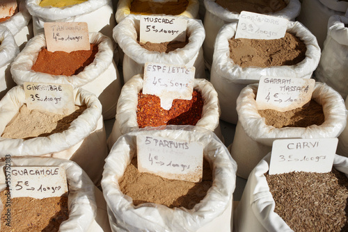 Bags of Spices for Sale at Market, Cap Ferret, Gironde, Aquitaine, France photo