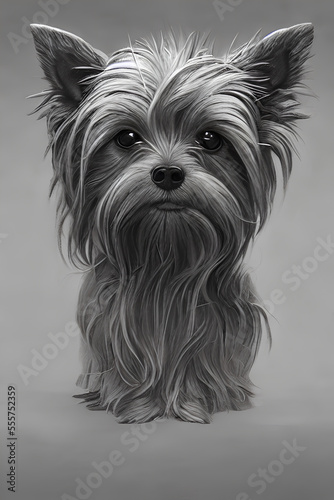 Black and white painting of a Yorkshire terrier. Generative ai.