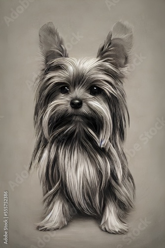 Black and white painting of a Yorkshire terrier. Generative ai.