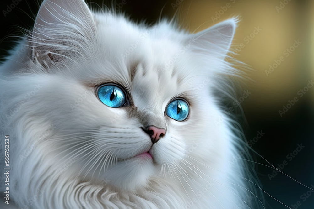 funny, white, long haired, and adorable kitty with stunning blue eyes. Generative AI