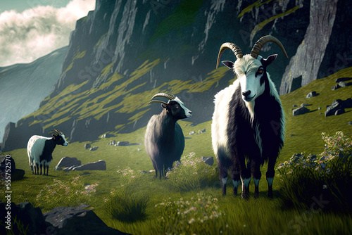 Goats are seen grazing in a highland meadow. Generative AI © 2rogan