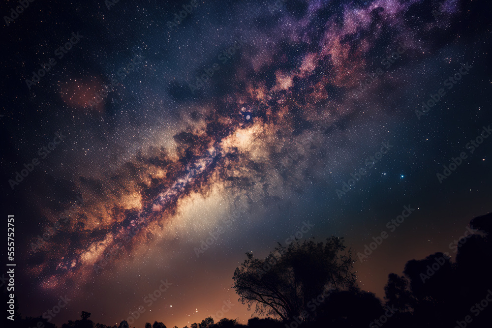 Gorgeous Milky Way galaxy captured in a grainy, long exposure night sky shot. Generative AI