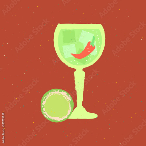 Cool gin tonic in glass. Passion fruit and pepper in alcoholic liquid. Vector flat illustration with texture. Retro minimalist poster. Alcoholic drink chilled with ice cubes