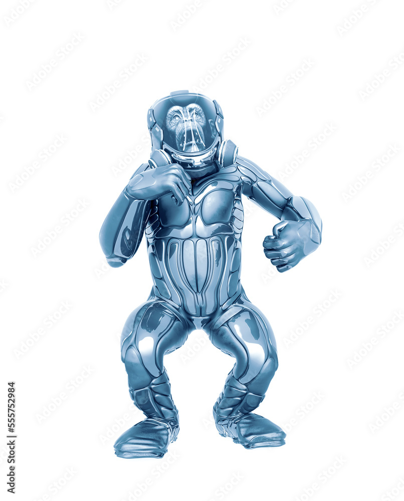 chimpanzee astronaut is doing a dominant pose in white background