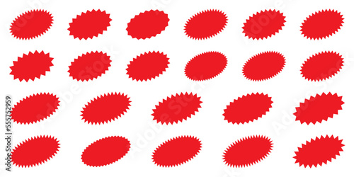 Set of oval red starburst, sunburst badges. Shopping labels collection. Special offer price tag. Sale or discount sticker. Supermarket promotional badge. Simple flat style vintage labels, stickers.