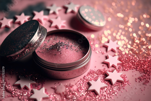 pink glitter in a box and stars on a pink table