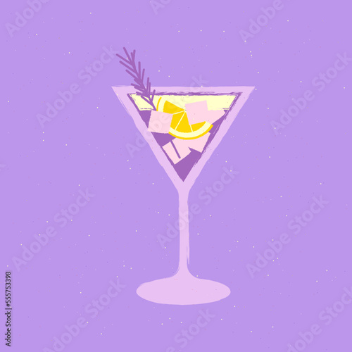 Martini with lemon and lavender in glass. Alcoholic drink with ice cubes. Vector flat image with texture. Minimalist retro bar poster