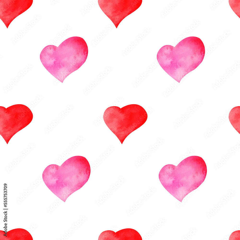 Seamless pattern with hand drawing watercolor red hearts