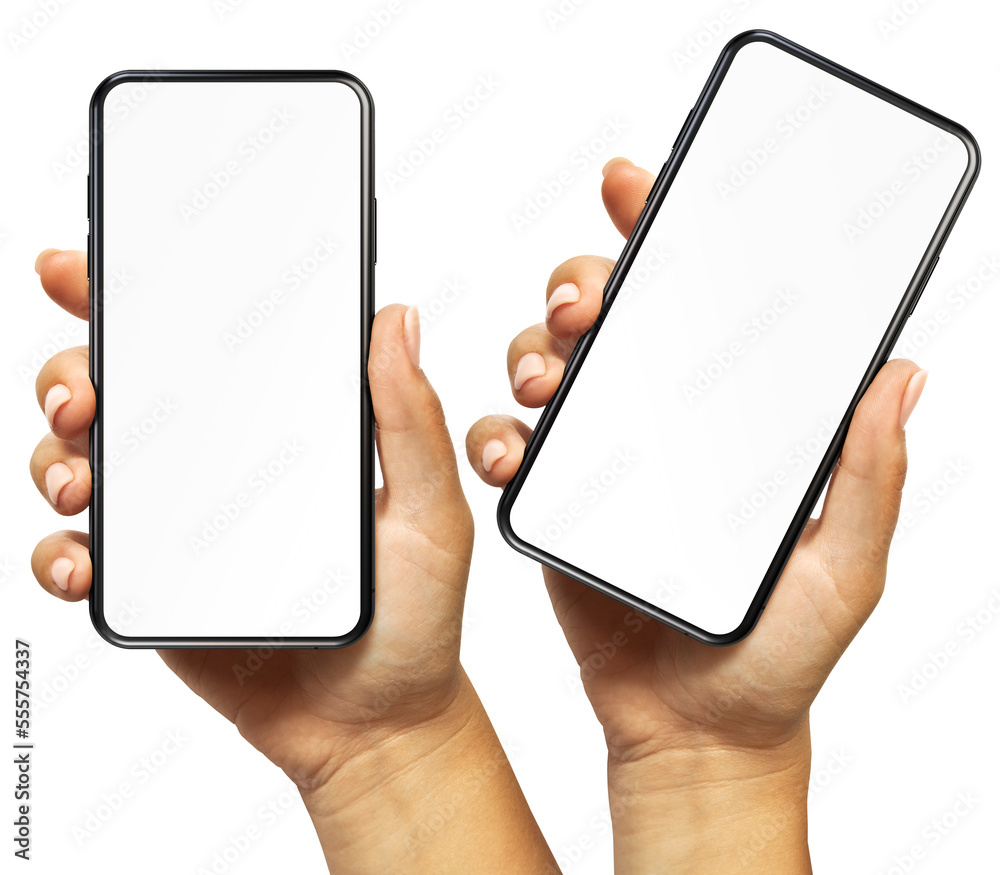 Woman's hand holding the black smartphone with a transparent glossy ...