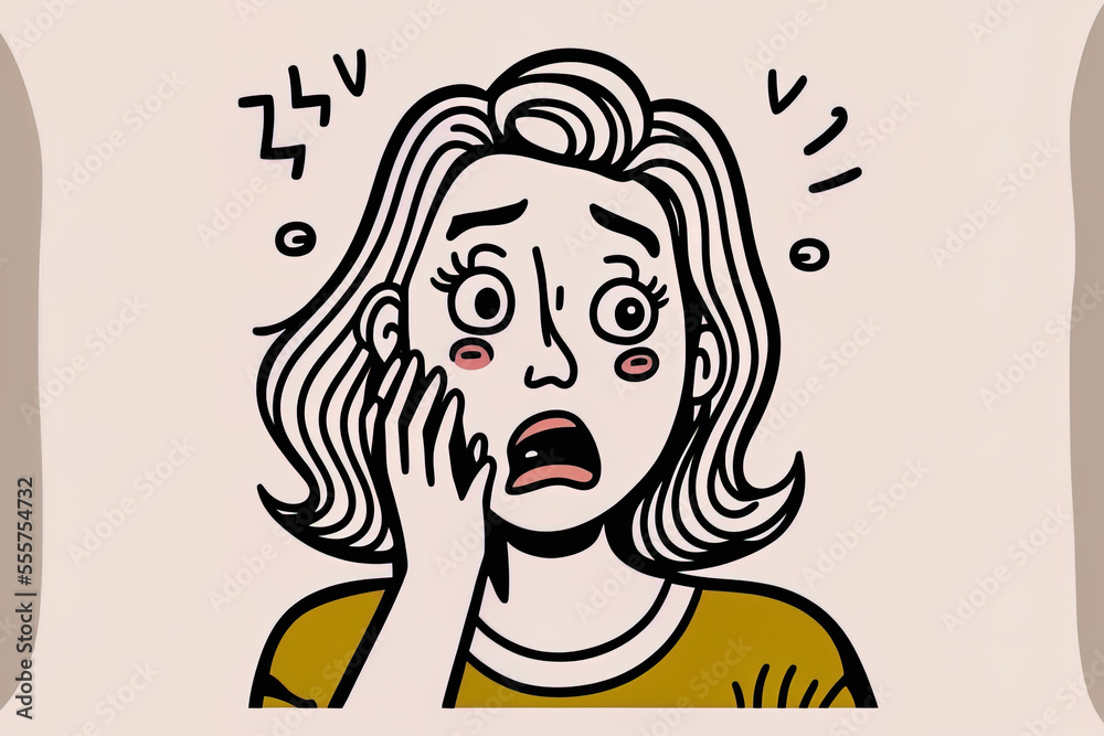 Feelings, questions, astonishment, and fear on the face. An adorable cartoon lady is seen excitedly putting her palm to her mouth open face. flat, white, drawing with thin lines. Generative AI