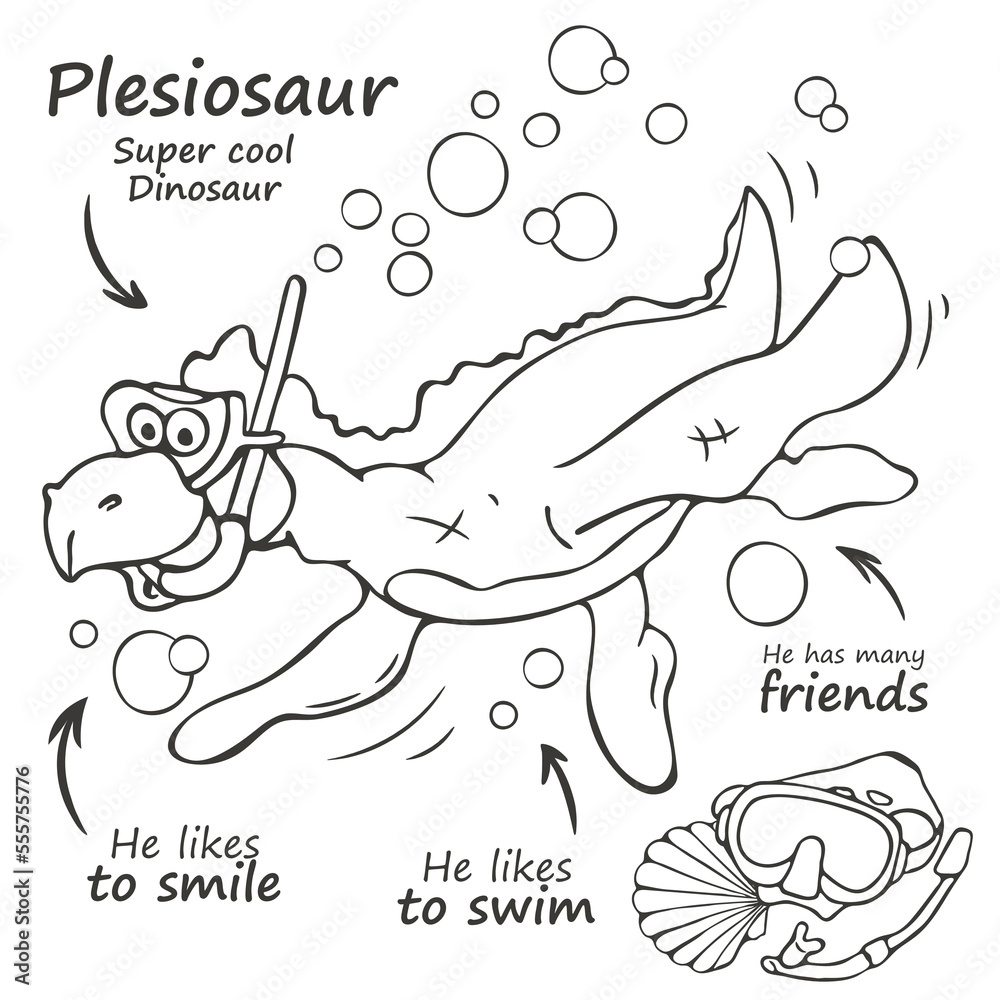 Art. illustration. Coloring. Dinosaur plesiosaur. Vector. Dinosaur