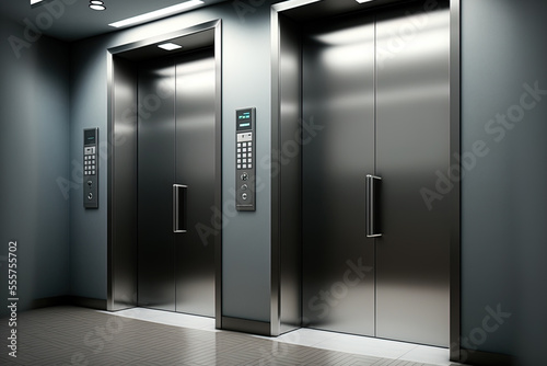 Elevator doors in a hotel or corporate setting lifted closed opened. Generative AI