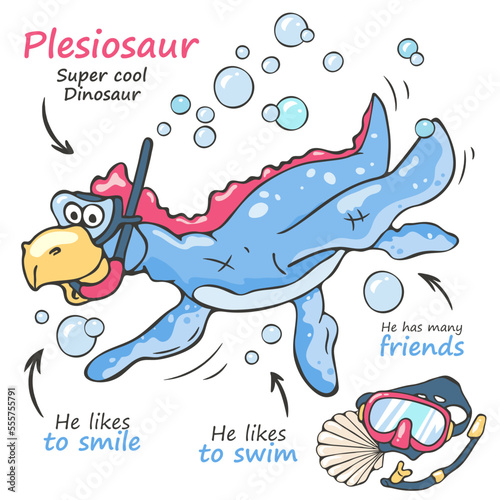 Art. illustration. Dinosaur plesiosaur. Fan t-shirt design. Vector print. Dinosaur character design. Cute dinosaur swimming underwater. Fashion illustration