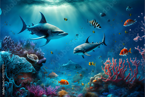 Fototapeta Tropical underwater life of a coral reef, neural network generated art wallpaper