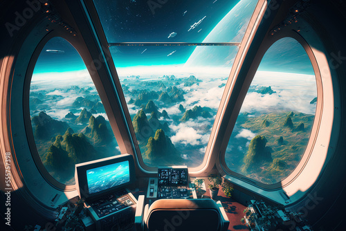 futuristic spacecraft interior with a view of Earth. Generative AI