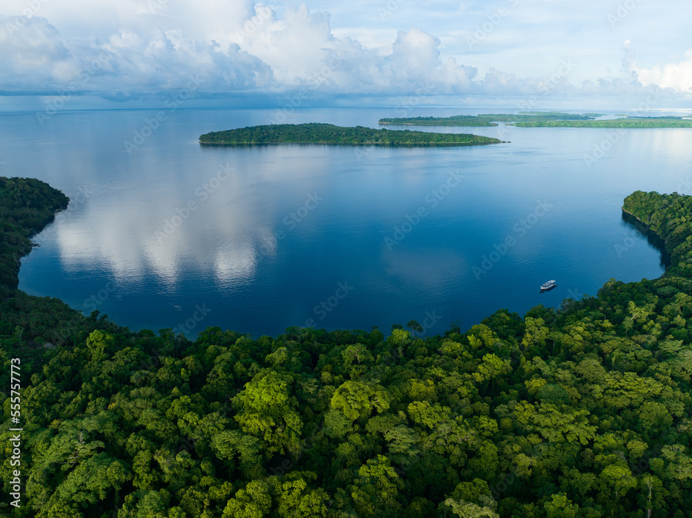 Lush jungle on a remote tropical island is fringed by a coral reef in the Solomon Islands. This beautiful country is home to spectacular marine biodiversity and many historic WWII sites.