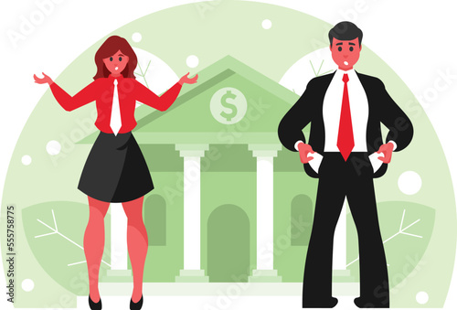 Loan denial concept. Credit organisation. Financial crisis, inflation concept. Bankruptcy and economic problems. No money. Vector graphics