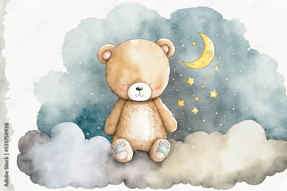 Cute watercolor hand drawn image of a cartoon bear on the moon and ...