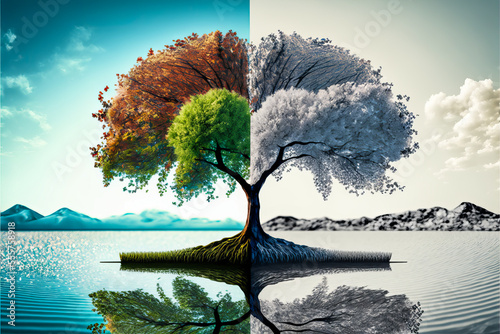A tree with its different seasons: summer, fall, winter and spring. Vibrant colors beautifully represent the cycle of the year and the rebirth of nature. photo